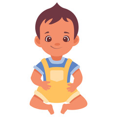 Cartoon baby boy sitting and smiling while wearing yellow overall and blue t-shirt