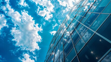 Modern office building with blue sky and white clouds. Perspective view of skyscraper.