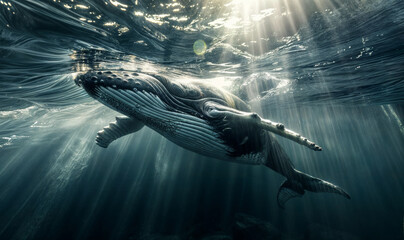 Humpback whale swimming underwater in the ocean.