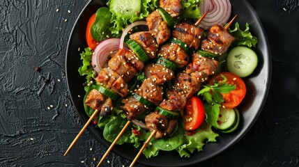 Grilled meat skewers, shish kebab and healthy vegetable salad of fresh tomato, cucumber, onion,...