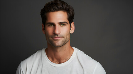 a handsome man in his mid-thirties wearing a white t-shirt with a dark gray background