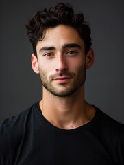 headshot of a handsome male model in his mid-twenties in a dark shirt with a dark background