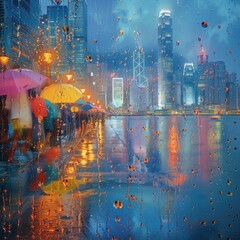 Obraz premium Colorful Umbrellas Amidst a Big City's Rainy Day