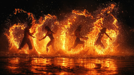 Fiery silhouettes dancing at night