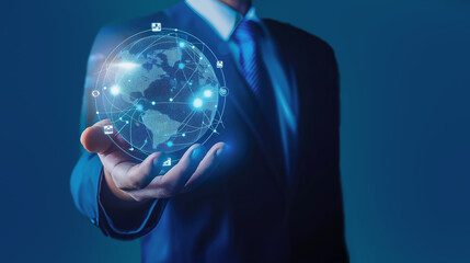 Photo of A hand holding an earth globe with digital circuit patterns, symbolizing the integration and growth of AI technology across various spaces such as business education or global social media