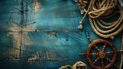Nautical-themed background with ship's wheel and coiled rope on scratched wooden surface