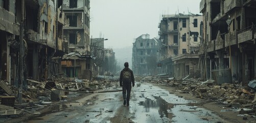 Lone survivor walking down a desolate street in a ruined city