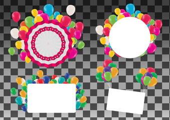 Set of colorful balloons and ribbons on transparent background. Vector illustration