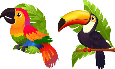 Obraz premium Tropical parrot and toucan on a branch. Vector illustration