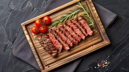 Medium ribeye slices steak on the wooden tray with tomato and rosemary, background top view