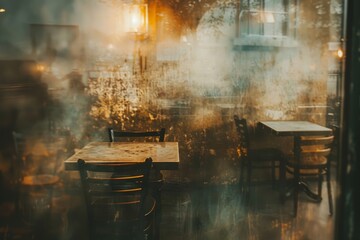 A blurry image of a restaurant with tables and chairs - Powered by Adobe