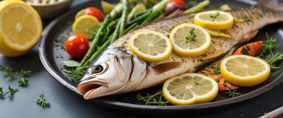 Grilled whole fish with lemon slices, herbs, and vegetables in the background