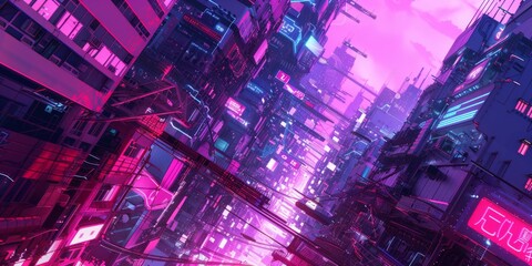 Nightfall in Neon: A City Street Illuminated by Vibrant Lights under a Pink Sky.