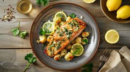 Seared salmon steak with gnocchi and lemon slices served on wooden table