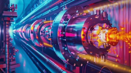 An illustration of a particle accelerator depicting the production and exchange of virtual photons. - obrazy, fototapety, plakaty