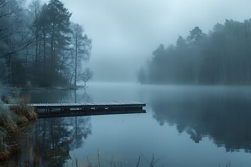 A peaceful lakeside scene, with mist rising from the water in the cool morning air
