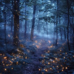 Obraz premium a beautiful and enchanting forest with a glowing blue light on the ground