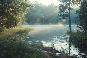 Fototapeta premium A peaceful lakeside scene, with mist rising from the water in the cool morning air