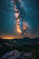 A star filled night sky, with the Milky Way arching over a serene mountain vista