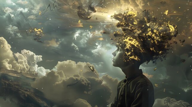 A human head with explosive thoughts or a powerful mind the background consists of a dramatic sky filled with various shades of clouds with ethereal and thought-provoking atmosphere of the artwork.