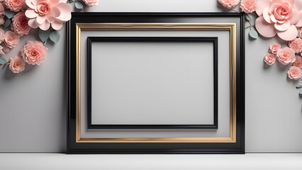 A black and gold framed picture with a white background