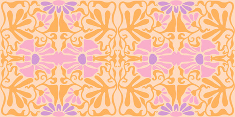 Groovy floral seamless tile in Matisse vibes. Trendy Naive Floral Vector Background in 1970s. art nouveau pattern. Can be used for Print on fabric, wrapping paper, wallpaper.