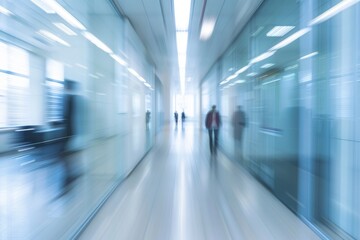 A blurry image of a hallway with people walking down it