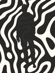 Silhouette Man Standing On Abstract horizontal background with colorful waves. Trendy vector illustration in style retro 60s, 70s. 