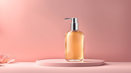 Fototapeta premium A bottle of perfume is sitting on a pink surface