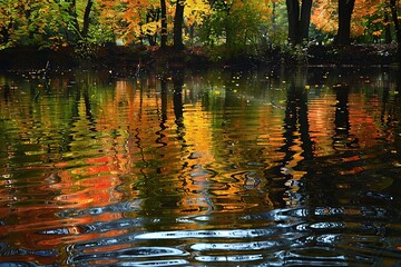 A serene river scene, with vibrant autumn foliage reflected in its glassy surface