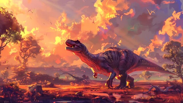 Animated background of dinosaur in a natural landscape under a blue sky. Looping time-lapse video