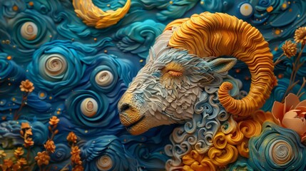 Colorful Aries Zodiac Sculpture in Surreal Style