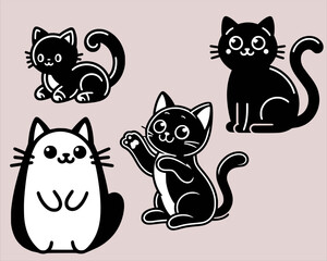 Fototapeta premium Cute black cat with multifple poses and funny expressions. black and white cats. cat cartoon vector. cat drawing