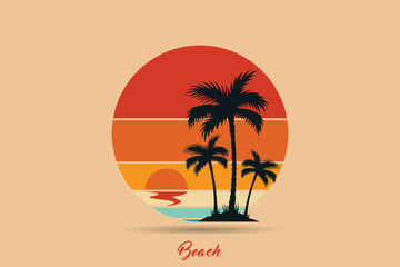 Retro beach logo, Retro Sunset Beach Logo in 80s and 90s style. Abstract sun in the background.