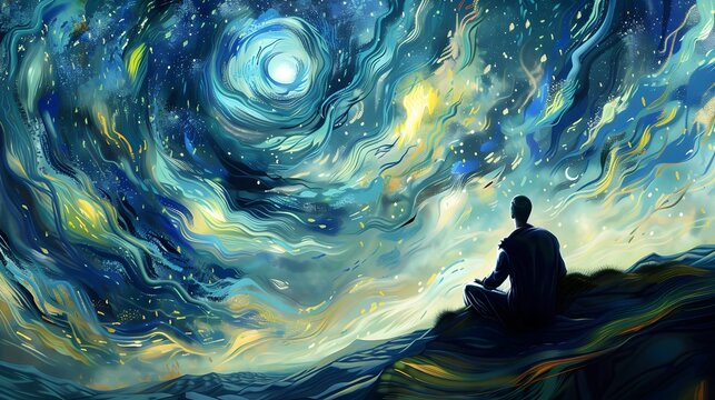 Man meditating facing starry sky. Existential Reflections with Contemplating purpose and existence. 