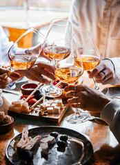 Friends having a dinner party with different kinds of appetizers and rose wine.