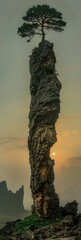 Tree on top of a tall rock formation, AI-generative