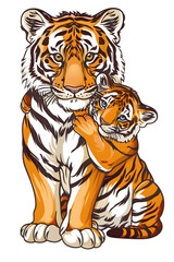 Fototapeta premium A cute cartoon tiger mother and cub