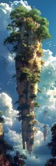 Floating mountain with trees and plants, AI-generative