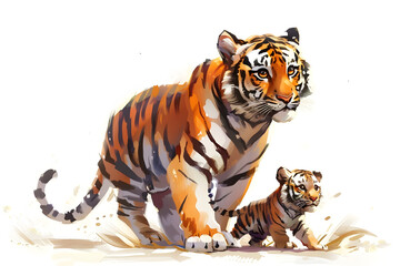 Obraz premium A cute cartoon tiger mother and cub