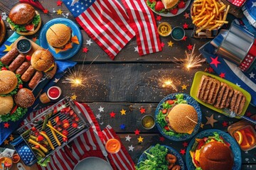 Fourth of July Celebration with American Flags, Barbecue, and Fireworks on Wooden Background