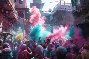 Holi Festival Celebration in India with Colorful Powder Explosion and Joyous Revelers in a Street Setting