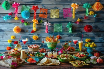 Fototapeta premium Vibrant Cinco de Mayo Celebration Setup with Pinatas, Papel Picado, and Traditional Mexican Food