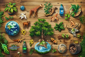 Earth Day Celebration Display with Trees, Wildlife, and Conservation Efforts on a Wooden Background