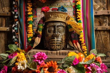 Fototapeta premium Inti Raymi festival display with traditional clothing, ceremonial mask, and decorations on wooden background