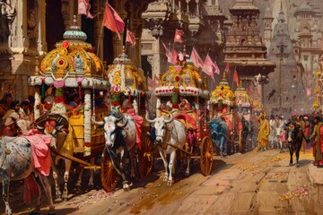 Obraz premium Rath Yatra celebration with colorful chariots, oxen, and devotees in traditional attire on a wooden background