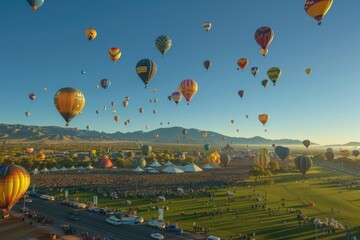 Obraz premium Sunset Hot Air Balloon Festival Over Deserted Mountain Landscape with Diverse Vibrant Balloon Designs