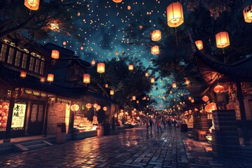 Lantern Festival in an ancient Chinese town with thousands of floating lanterns and traditional festivities