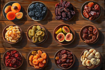 Assorted Dried Fruits on a Rustic Wooden Surface, Vividly Detailed with Natural Charm