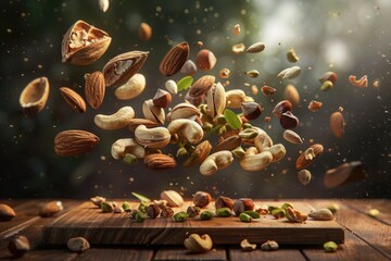 Levitating Assorted Nuts and Seeds on a Rustic Wooden Tray, Illuminated by Subtle Backlight